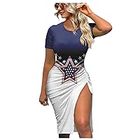 American Flag Dresses for Women 4th of July Tight Hip Round Neck Split Lace-up Dress Independence Day Print Dress