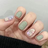 Glitter Daisy Press on Nails - Green Short Square Shape, Small Flower Fake Nails Kit with 24 Nails,24pcs jelly glue stickers,1pcs mini nail file,1pcs wooden stick （Nails for Women and Girls）