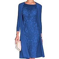 Women's Knee Length Chiffon Gowns 3/4 Length Sleeve Mother of The Bride Dresses Lace Formal Evening Dress Blue
