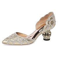 XYD Women's Pumps, Elegant Pointed Toe, D'Orsay Crystal Chunky Low Heels 2 Inches, Rhinestone Studs, Slip-On Satin Shoes for Wedding