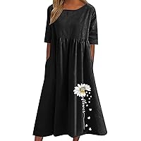 Womens Hawaiian Pleated Maxi Long Dresses Dresses for Women Short Half Sleeve Crewneck Linen Beach Dresses 2024