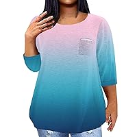 Womens Plus Size Dressy Tops Plus Size Tops for Women 2024 Color Block Fashion Casual Loose Fit Y2k with 3/4 Sleeve Round Neck Shirts Cyan 3X-Large