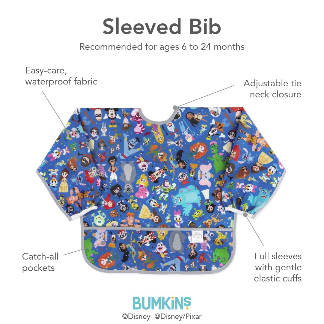 Bumkins Disney Sleeved Bib for Girl or Boy, Baby and Toddler for 6-24 Mos, Essential Must Have for Eating, Feeding, Baby Led Weaning Supplies, Long Sleeve Mess Saving, 100 Magical Celebration