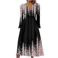 Women Floral/Stripes Pleated Front Midi Dress Button V Neck Long Sleeve Fall Casual Loose A-Line Dress with Pockets