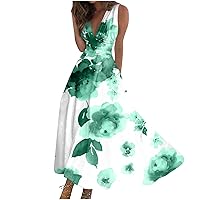Summer Dresses for Women 2024 V Neck Flowy Dresses Printed Casual Beach Dress Sleeveless Sun Dress Swing Long Dress