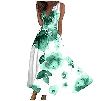 Maxi Dresses for Women 2024 Gradient Dress Casual A line Dresses Spring Swing Dress V Neck Sleeveless Dress