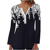 Ceboyel Womens Floral Long Sleeve Fall Tops V Neck Henley Blouses Shirts Pleated Casual Tunic Dressy Trendy Ladies Clothes