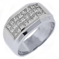 18k White Gold Mens Invisible Princess Cut Diamond Ring 1.75 Carats