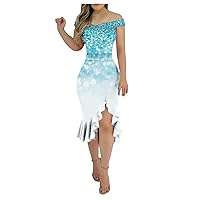Modest Dresses for Women, Floral Maxi Dress A Line Dresses for Women Irregular Hem Dress Women's Fashion One Shoulder Loose Backless Printing Tight Outdoor Midi A-Line 2024 Dress (Sky Blue,Large)