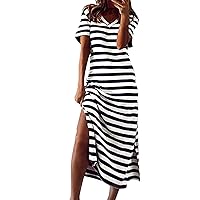 Womens Summer Stripe Maxi Dress Short Sleeve V Neck Casual Loose Long Beach Split Dresses Shirt Sleeve Dress (White, L)