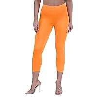 New Womens Plain Stretchy 3/4 Leggings Workout Tight Cropped Capri Active Pants Neon Orange