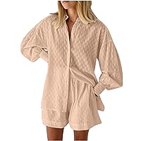 Hollow Out Pajama Sets Lantern Long Sleeve Shirts and Shorts 2 Piece Outfit Summer Lounge Beach Vacation Solid Sets