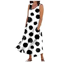 Dresses for Women 2024 Summer Loose Crewneck Wave Dot Print Sleeveless Large Swing Dress with Pocket
