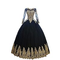 Vintage Gold Lace Applique Quinceanera Prom Dresses with Long Sleeves Corset Ball Gowns