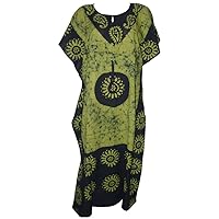 Womens Cotton Caftans Nighty Green Batik Print Kaftan Maxi Dress