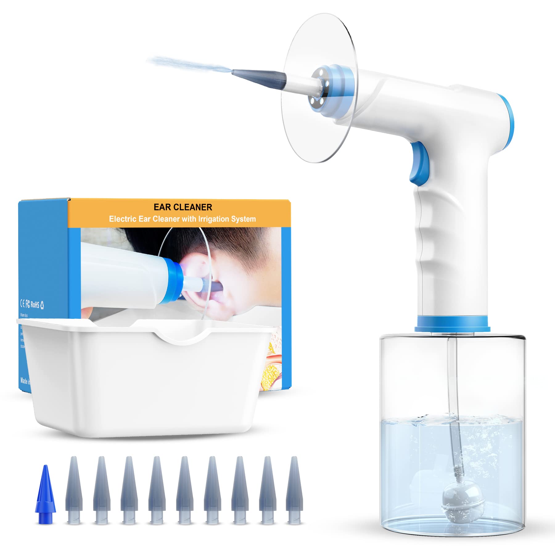 YUYUKO Ear Wax Removal, Ear Irrigation Cleaner Kit, Electric Ear Flush Tool with 4 Cleaning Modes, One-touch Start Water Spray, 10 Tips and Ear Wash Basin