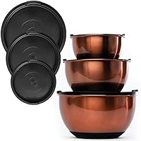 Copper Mixing Bowls- Mixing Bowl Set with Stainless Steel Body- Copper with Black Silicone Bottom Mixing Bowl- Versatile Kitchen Mixing Bowls- 3 Piece Copper Mixing Bowls with Lids
