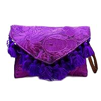 Floral Embroidered Pom Tassel Fringe Slim Envelope Clutch Purse Wristlet Strap Bag - Womens Fashion Handmade Boho Accessories
