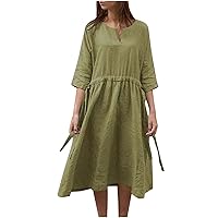 YZHM 3/4 Sleeve Summer Dress for Women Plus Size Midi Casual Dresses Baggy Cotton Linen Dress Drawstring Waist Flowy Dress