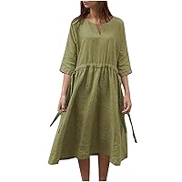 Plus Size Women Cotton Linen Casual Loose A-Line Dress Short Sleeve Round Neck Summer Plain Swing T-Shirt Dress