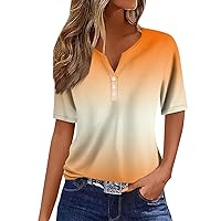 Women's Fashion Casual Vintage Gradient V-Neck Short Sleeve Decorative Button T-Shirt Top