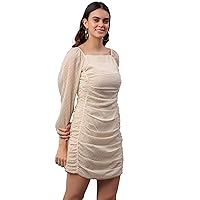 Women's Self Design Square Neck Puff Sleeves Bodycon Dobby Pattern Fitted Mini Short Dress