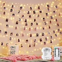 33ft Wooden Photo Clips String Lights with Remote & Timer, 100 LED Lights & 50 Painted Clothespins Hanging Pictures, Battery Powered Twinkle Copper Wire Fairy Lights for Festival Decor