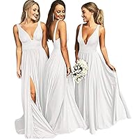 Women's V Neck Slit Bridesmaid Dresses Backless Satin Beach Wedding Evening Prom Dress