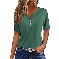 Womens 2024 Short Sleeve Henley Shirts V-Neck Button Down Tunic Tops Summer Casual Solid Color Loose Fit Blouse