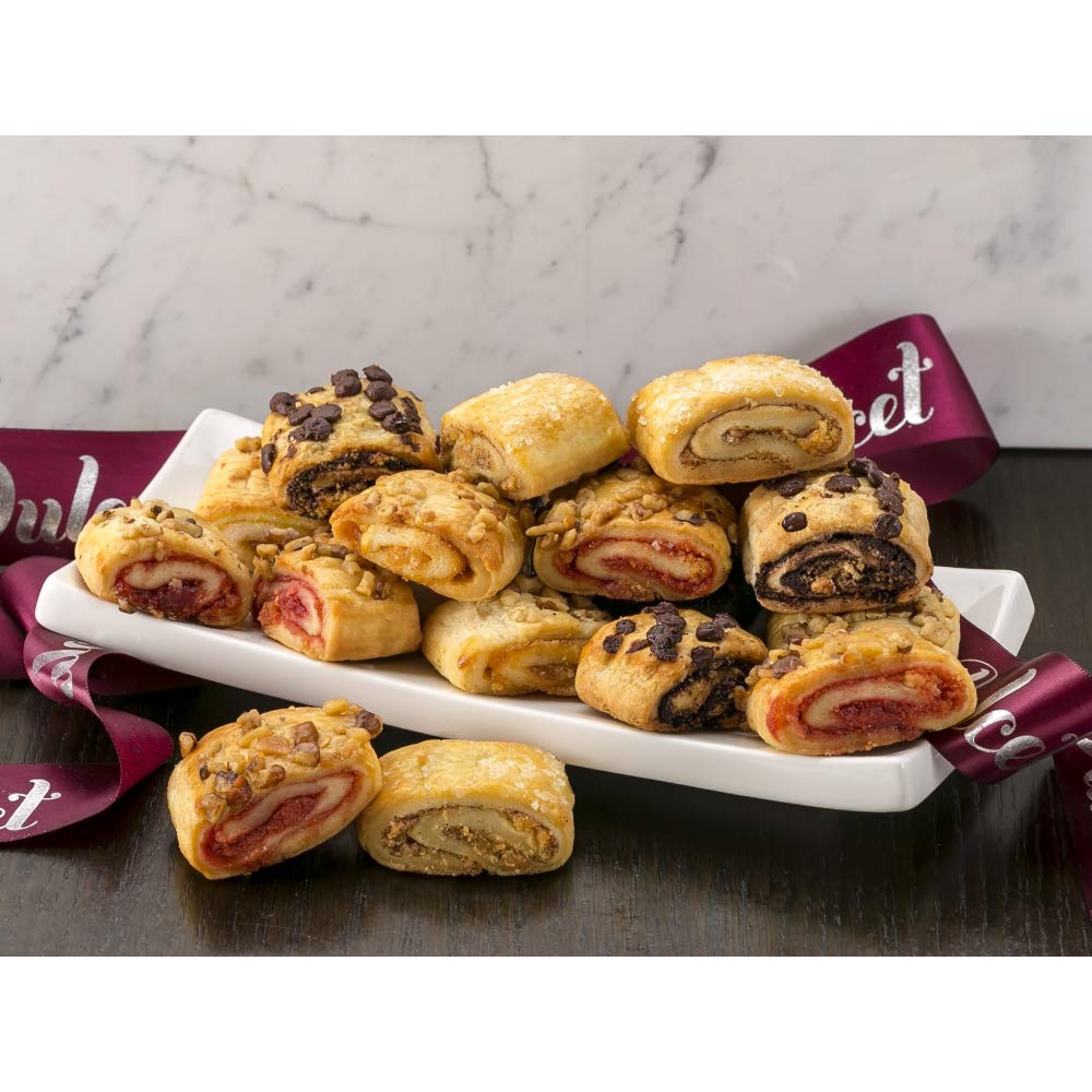 Dulcet Gift Baskets, Fresh Baked Bakery Rugelach fillings of chocolate chip, raspberry, Cinnamon and Apricot Gift Tin Assortment, Top Holiday Tin f...