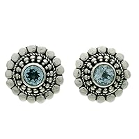 NOVICA Artisan Handmade Topaz Earrings Floral Blue Sterling Silver Button Indonesia Birthstone Sun [0.6 in L x 0.6 in W] 'Cold Blue Sun'
