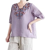 Women Cotton Linen Embroidery Flower V Neck Tee Tops Summer Puff Half Sleeve Fashion Casual Loose Pullover T-Shirts