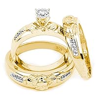 10k Yellow Gold Diamond Matching Claddagh Mens Womens His & Hers Trio Wedding Ring Set 1/8 Cttw