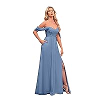 Off The Shoulder Bridesmaid Dresses Chiffon Prom Dress A Line Slit Evening Party Dress with Pockets for Women HS063