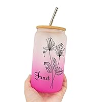 Personalized Birth Flower Can Glass Cup, Customized Birth Flower Glass Bottle with Name, Proposal Gifts, Birthday Gifts for Coffee Lover, Daughter, Drinking Glasses W/Lids Straws