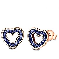 Lovely Heart Mickey Mouse 14K Black & Rose Gold Over 925 Sterling Sliver With Fashion Round Cut Blue Sapphire Cubic Zirconia Stud Earring For Teen Girls and Women's Valentine's Day Gift,Birthday Gifts