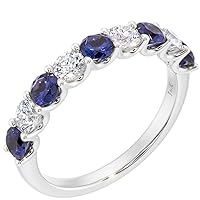 PEORA Solid 14K Gold 1 Carat Lab Grown Diamond and Created Blue Sapphire 9-Stone Half Eternity Band for Women, Wedding Anniversary Stackable Ring, Sizes 4 to 10