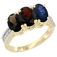 10K Yellow Gold Natural Smoky Topaz, Garnet & Blue Sapphire Ring 3-Stone Oval 7x5 mm Diamond Accent, Sizes 5-10