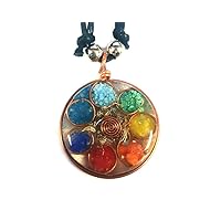 Rainbow Chakra Circles Round Crushed Chip Stone Inlay Copper Metal Healing Orgonite Pendant Adjustable Necklace - Womens Fashion Handmade Jewelry Boho Accessories