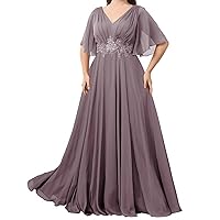Plus Size Mother of The Bride Dresses Long Chiffon Evening Dresses for Women V Neck Lace Formal Gown