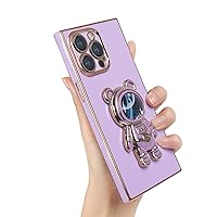 Designed for iPhone 14 Pro Max Square Case with Astronaut Hidden Stand, Luxury Love Heart Plating Case for Women Girls Cute Quicksand Kickstand Phone Case Slim Soft TPU Square Edge Cover, Purple