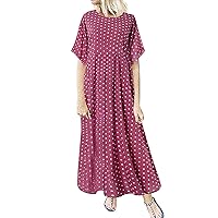 Maxi Peasant Dresses for Women 2024 Short Sleeve Crewneck Plus Size Flowy Tea Dress Fashion Dot Print Vacation Beach Dresses
