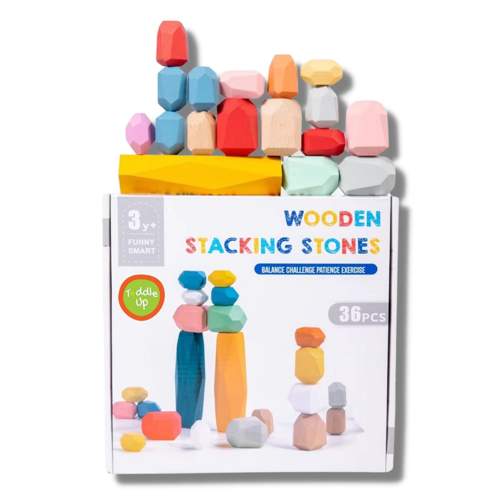 TODDLE UP Montessori Wooden Stacking Rocks for Toddlers 1-3 - 36Pc Stacking Stones, Wooden Montessori Toys Building Blocks for 2 Year Old, Learning Resource Preschool Balancing Stones for Kids 3-5