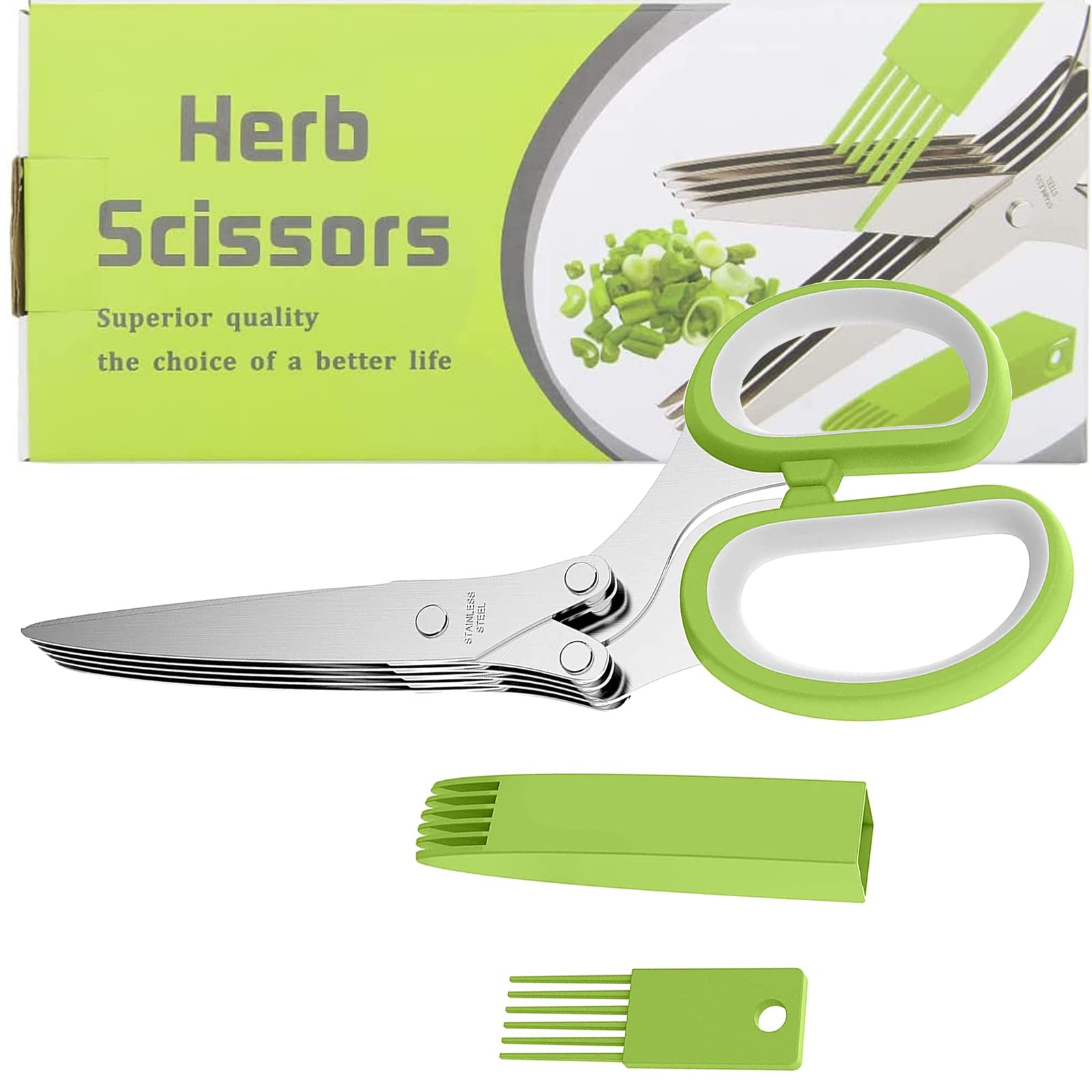 Updated Herb Scissors with 5 Blades and Cover, Kitchen Shears for Cutting Herbs, Kitchen Gadgets Cutter Chopper Food Cutter Scissors for Cilantro and Green Onion, Vegetable Salad Food Cutter (Green)