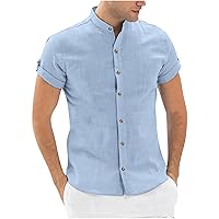 Mens Banded Collar Dress Shirts Summer Short Sleeve Button Down Mandarin Collar Shirt Solid Work Stretch Shirt