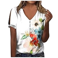 Blouses for Women Dressy Casual,Summer Tops for Women 2024 V Neck Button Down Cold Shoulder Blouse Fashion Summer Short Sleeve Printing Shirts Fashion Tops Short Sleeve