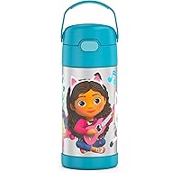 THERMOS FUNTAINER Water Bottle with Straw - 12 Ounce, Gabby’s Dollhouse - Kids Stainless Steel Vacuum Insulated Water Bottle with Lid