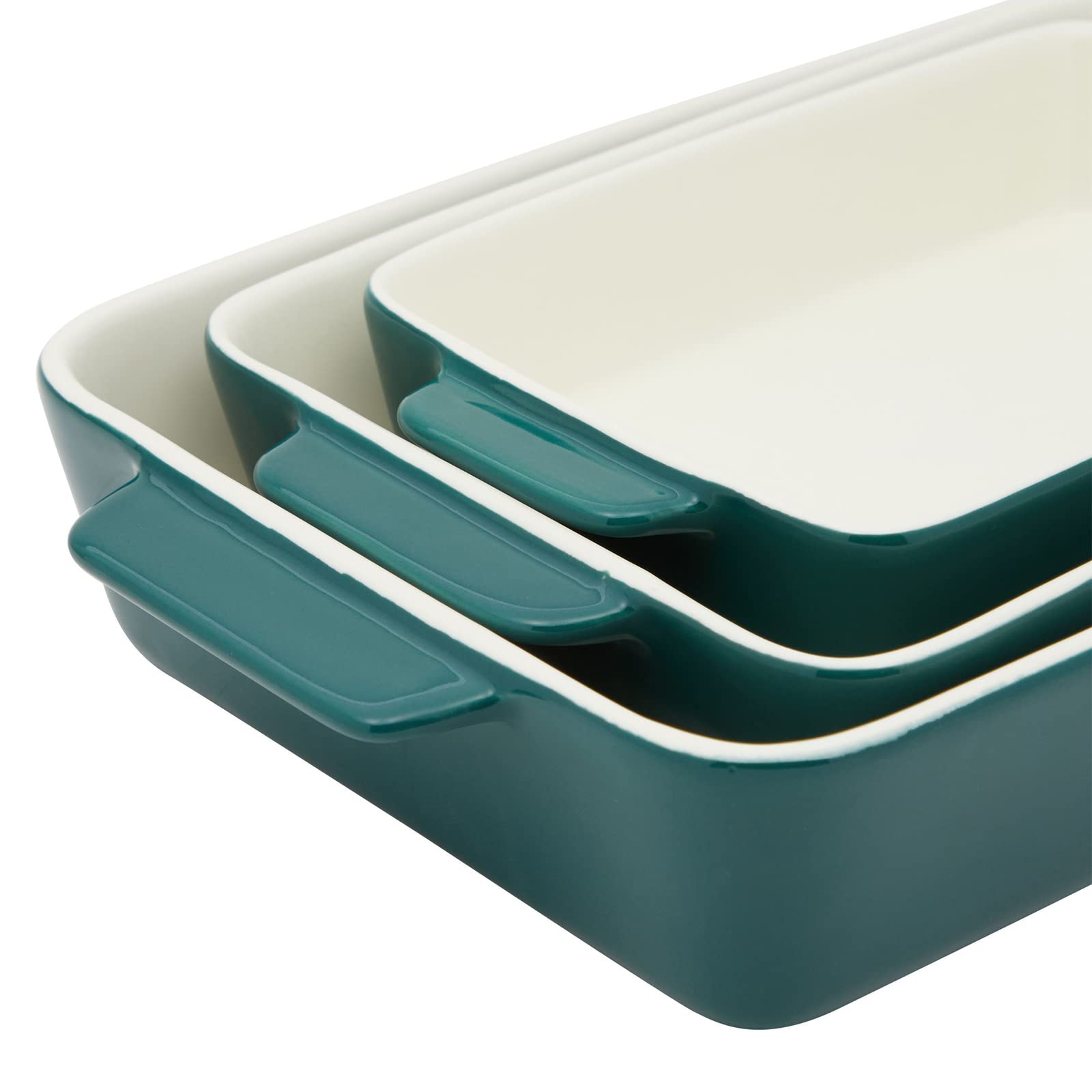 3 Pieces Ceramic Bakeware Set, Porcelain Casserole Dishes for Baking (Green, 3 Rectangular Sizes)