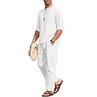 COOFANDY Men's 2 Pieces Cotton Linen Set Casual Long Sleeve Henley Shirts Beach Pants With Pockets Summer Yoga Outfits