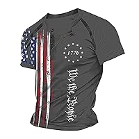 Men's 4th of July USA Flag Print Distressed Henley Shirts Button Collar Short Sleeve Polo Shirt Ligthweight Casual Tee